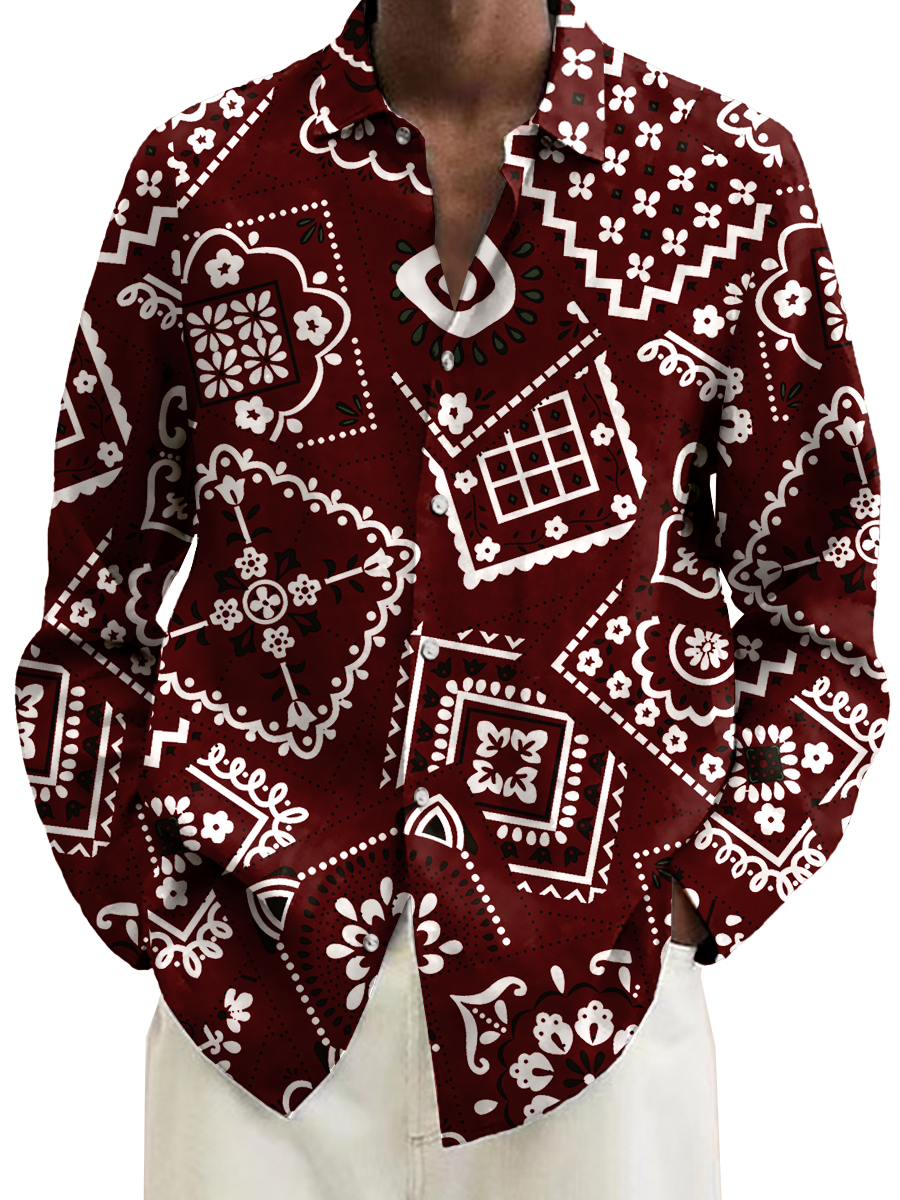 Vintage Paisley Print Long Sleeve Hawaiian Shirt