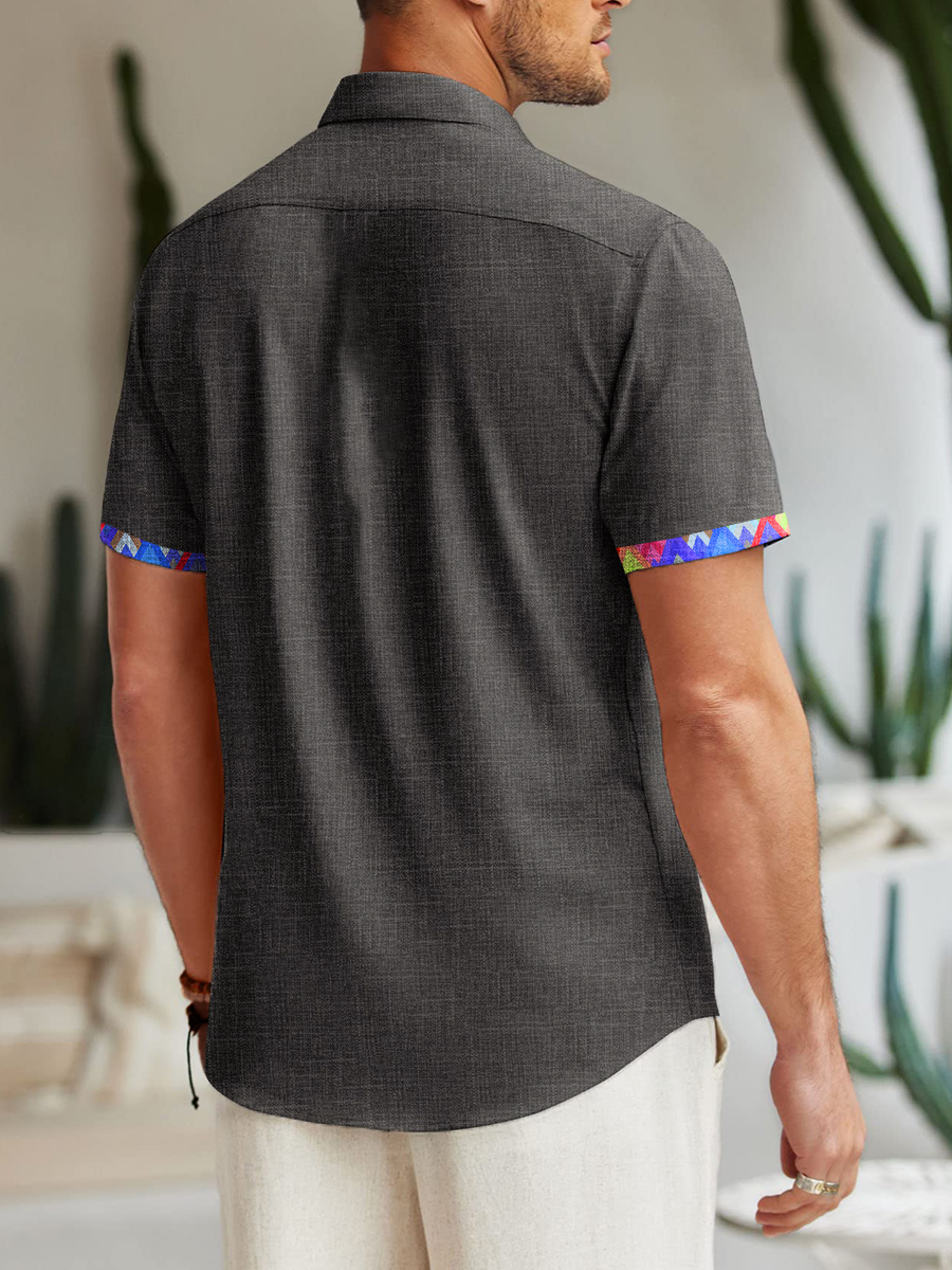 Men's Cotton-Linen Shirts Summer Geometry Patchwork Lightweight Hawaiian Shirts