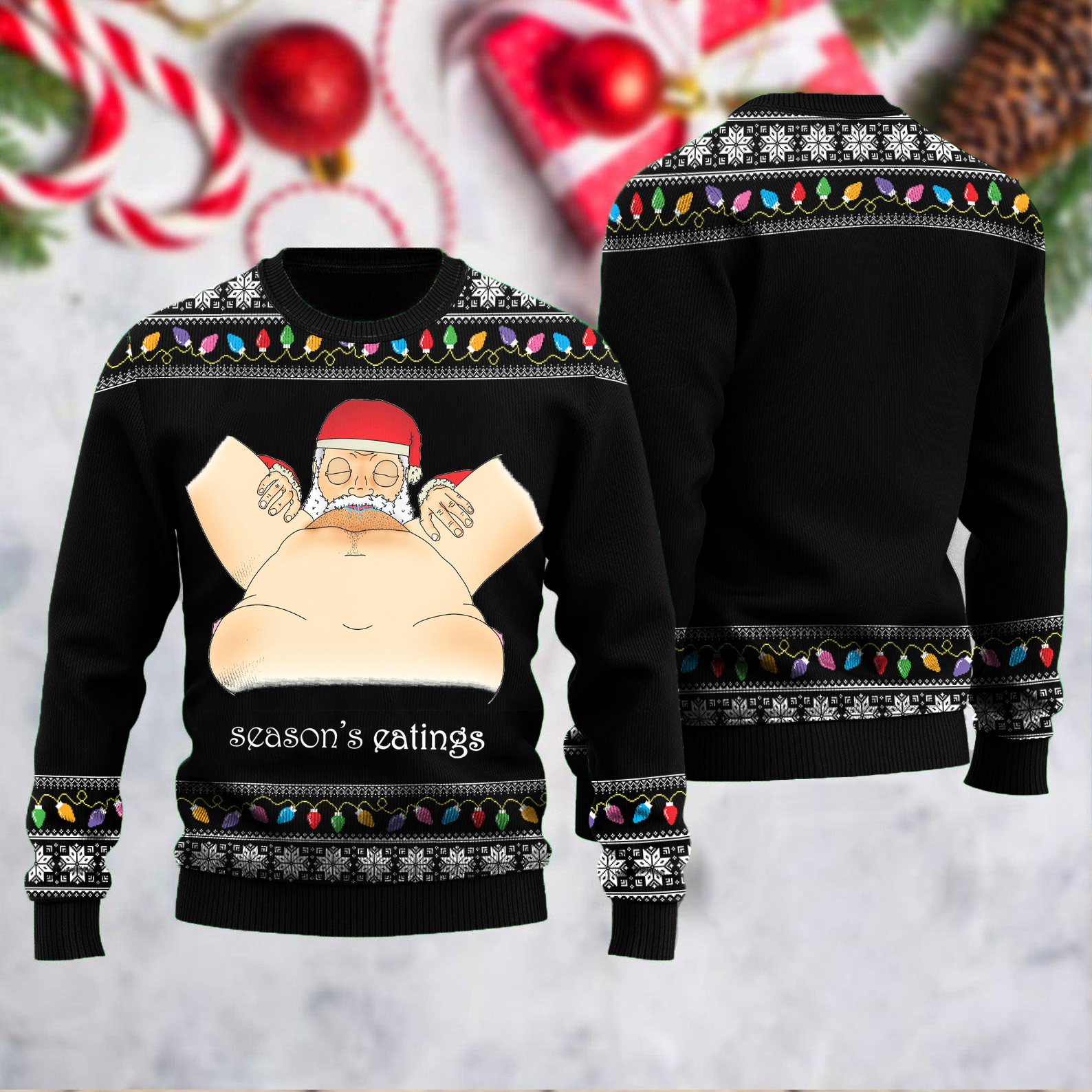 Ugly Christmas Dirty Christmas Season's Eatings Print Knit Pullover Sweater