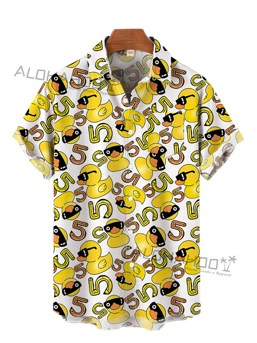 Yellow Hawaiian Beach Cartoon Rubber Duck Pattern Print Breast Pocket Short Sleeve Shirt