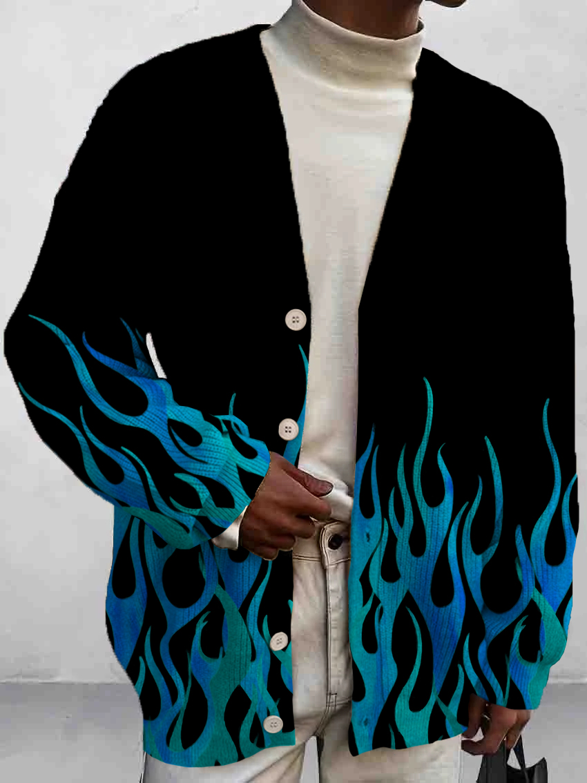 Men's Vintage Flame Print Buttoned Cardigan Sweater