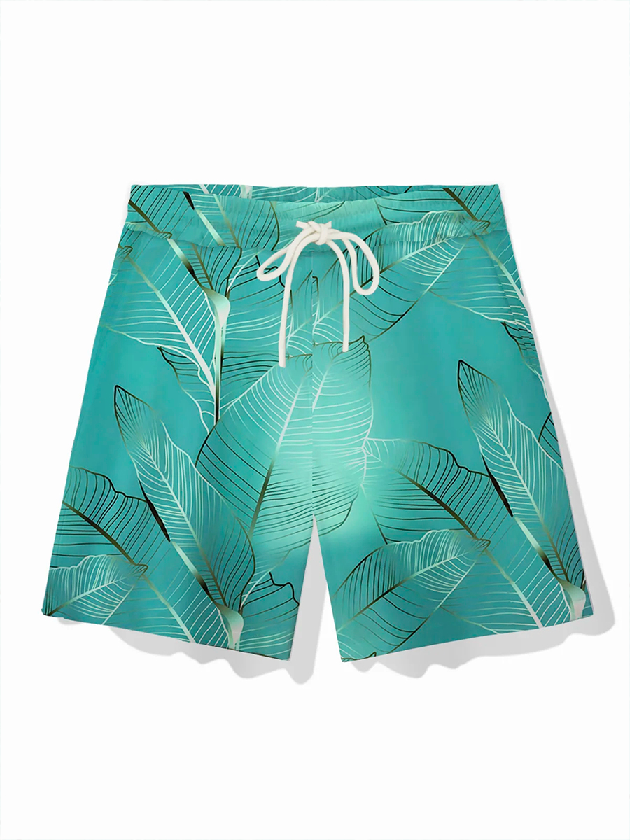 Hawaii Plant Leaves Gradient Print Men's Elastic Drawstring Board Shorts