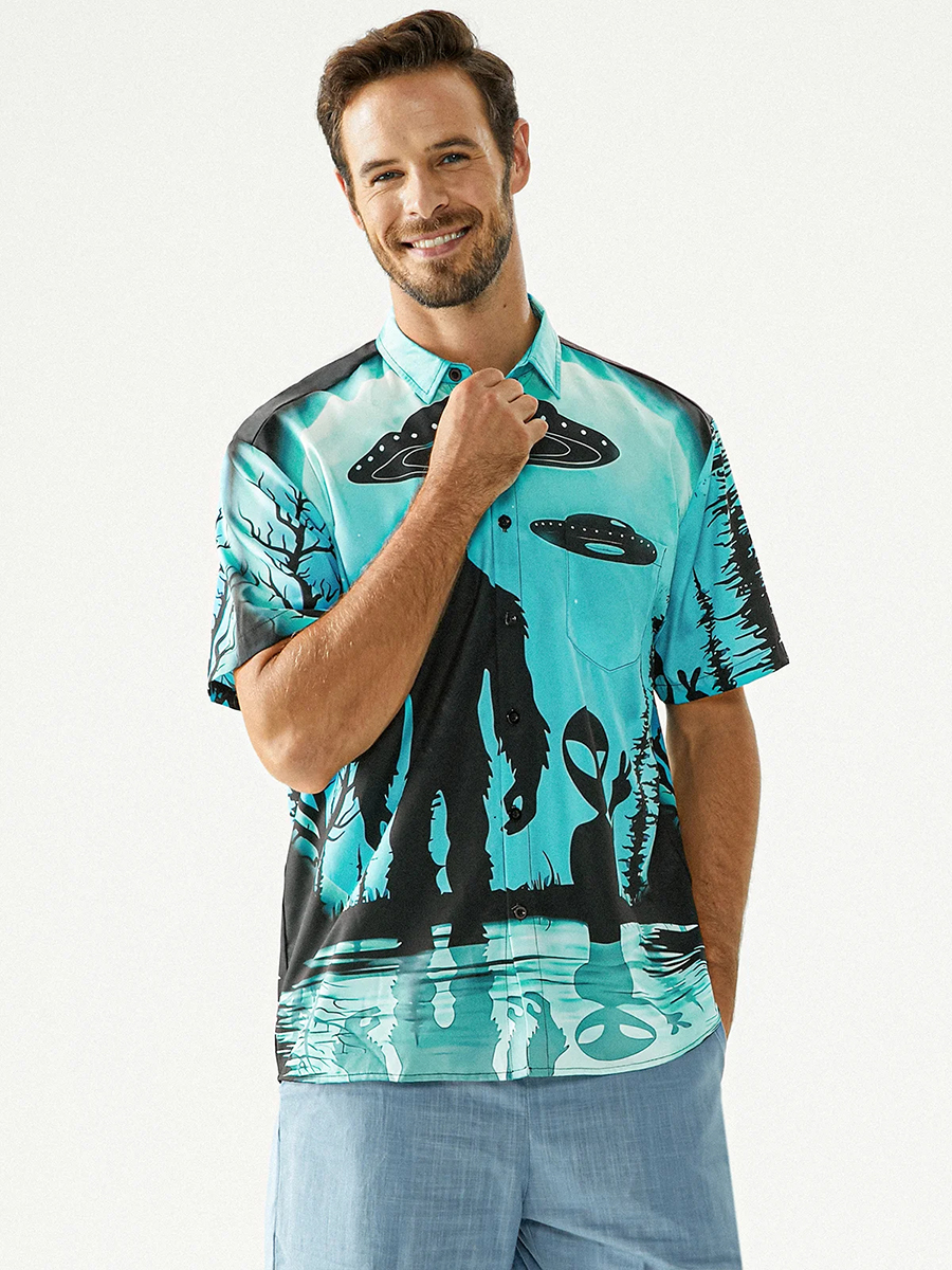 Men's Casual Shirts Bigfoot Alien Chest Pocket Short Sleeve Shirt