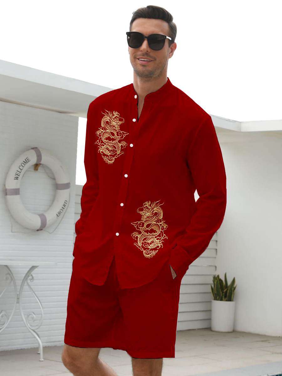 Men's Sets Hawaiian Japanese Style Dragon Print Button Pocket Two-Piece Shirt Shorts Set