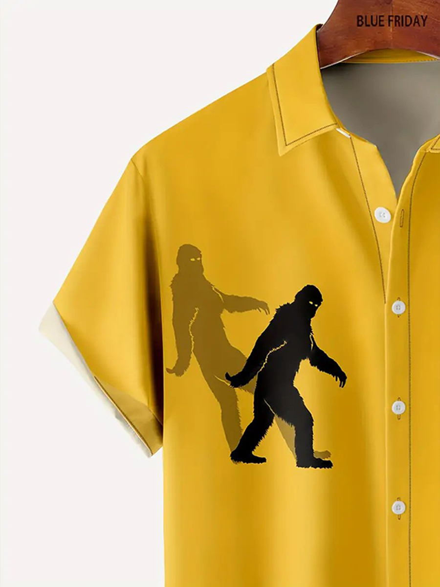 Men's Hawaiian Shirt Bigfoot Print Bowling Style Beach Easy Care Short Sleeve Shirt