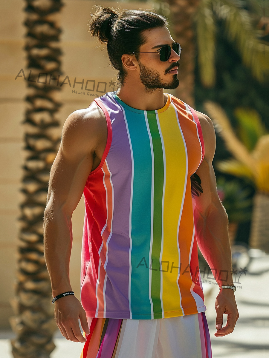 Men's T-Shirt Holiday Rainbow Stripes Print Top Sleeveless T-Shirt