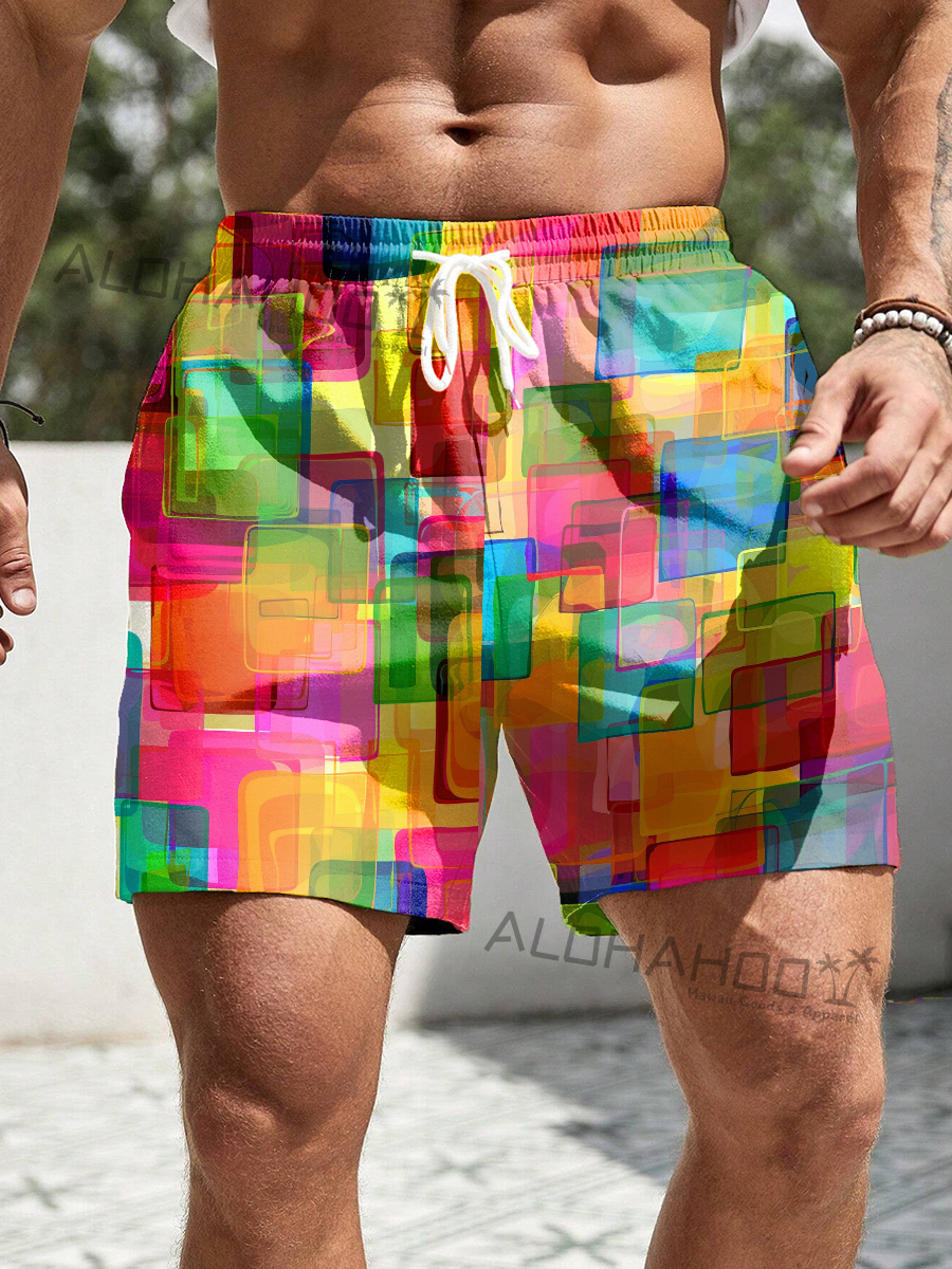 Alohahoo X Artist  Holiday Rainbow Geometry Print Beach Shorts