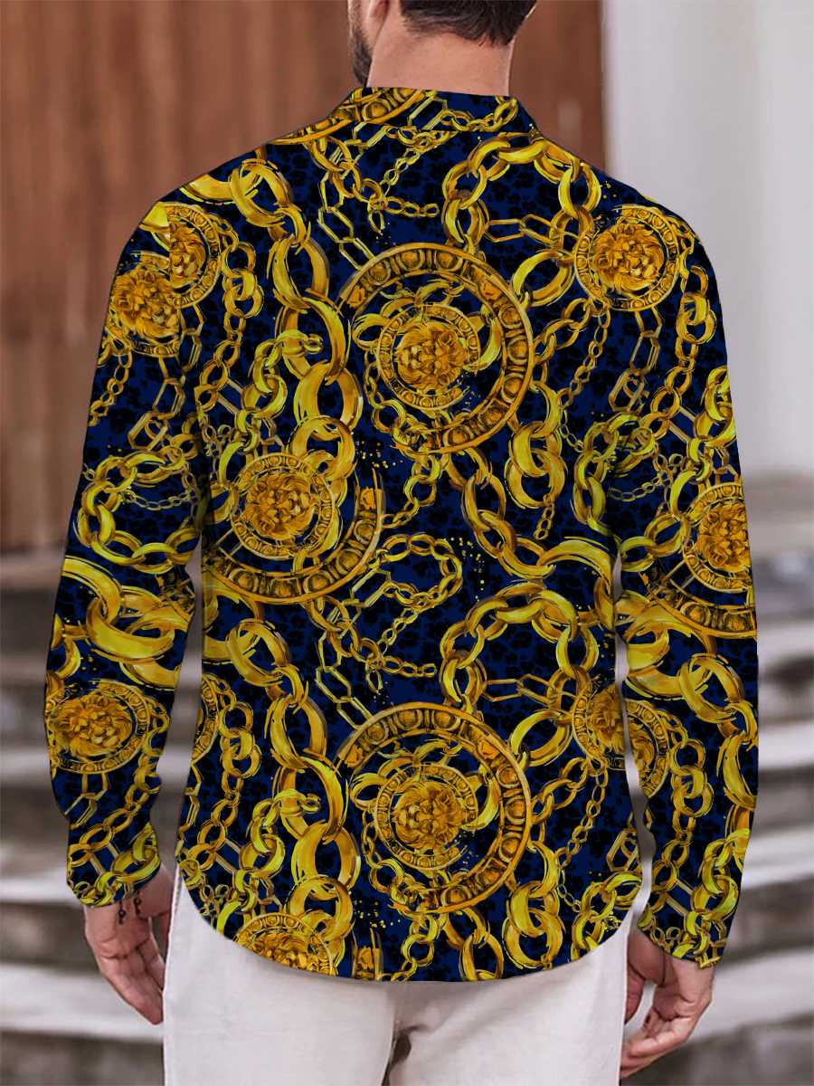 Stylish Golden Lion Baroque Print Long Sleeve Hawaiian Shirt