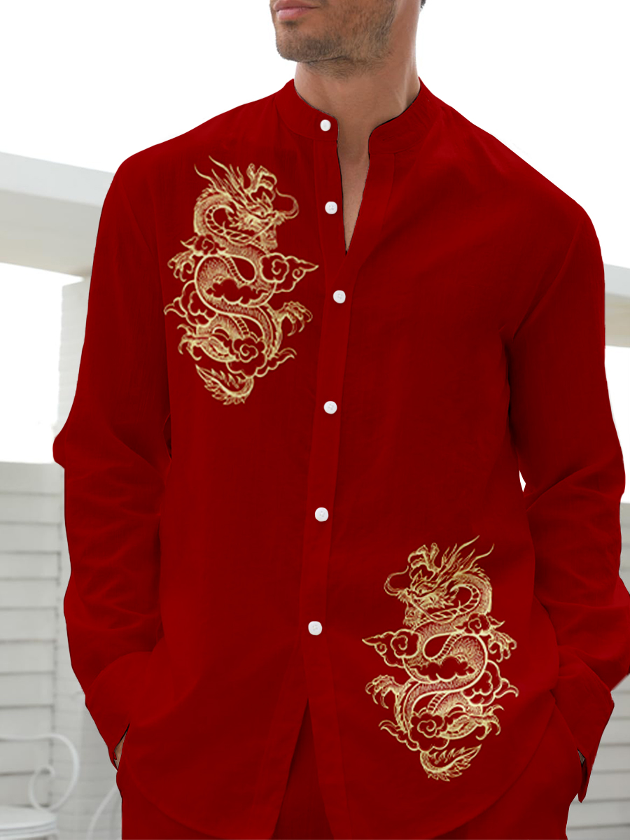 Men's Sets Hawaiian Japanese Style Dragon Print Button Pocket Two-Piece Shirt Shorts Set