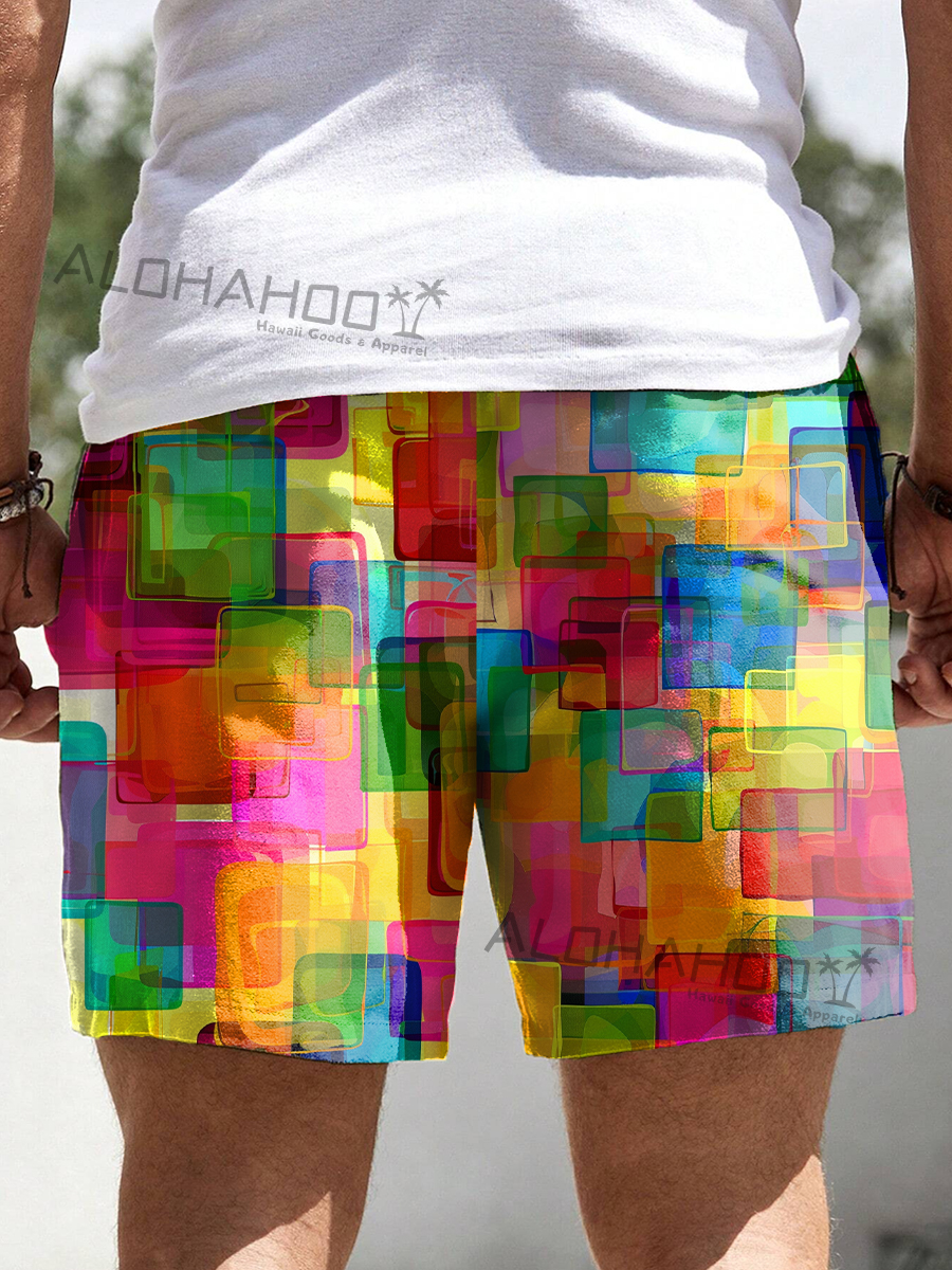 Alohahoo X Artist  Holiday Rainbow Geometry Print Beach Shorts