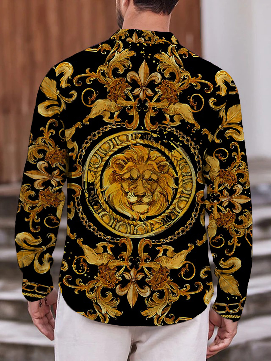 Vintage Golden Lion Baroque Print Long Sleeve Hawaiian Shirt