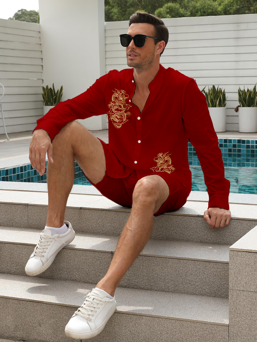 Men's Sets Hawaiian Japanese Style Dragon Print Button Pocket Two-Piece Shirt Shorts Set