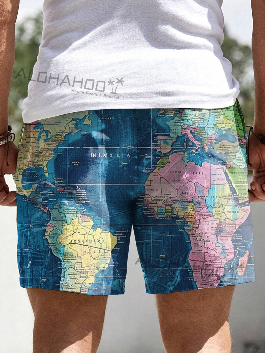 Alohahoo X Artist  Vintage Map Art Print Beach Shorts