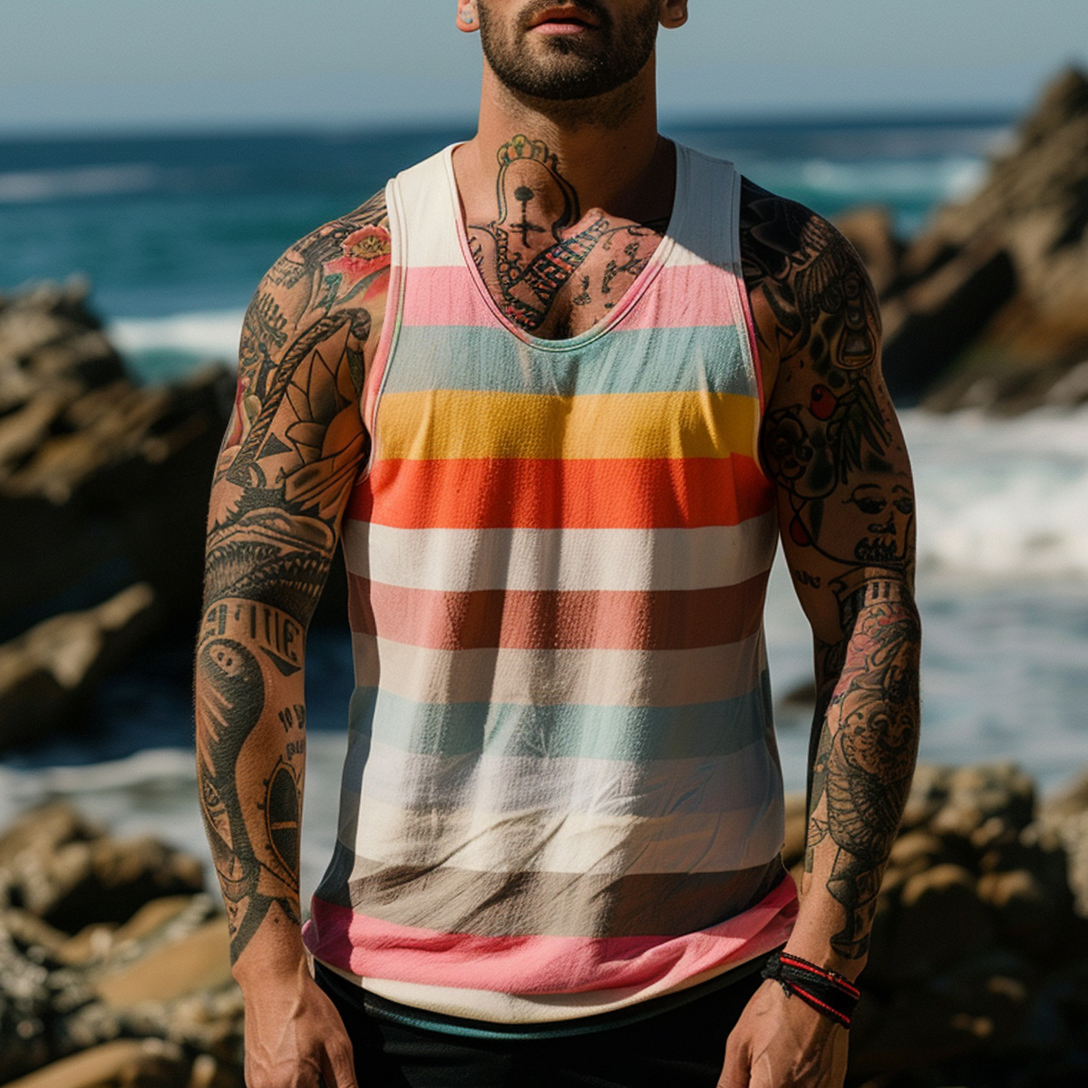 Men's Vacation Tank Top Multicolor Stripes Crew Neck T-shirt