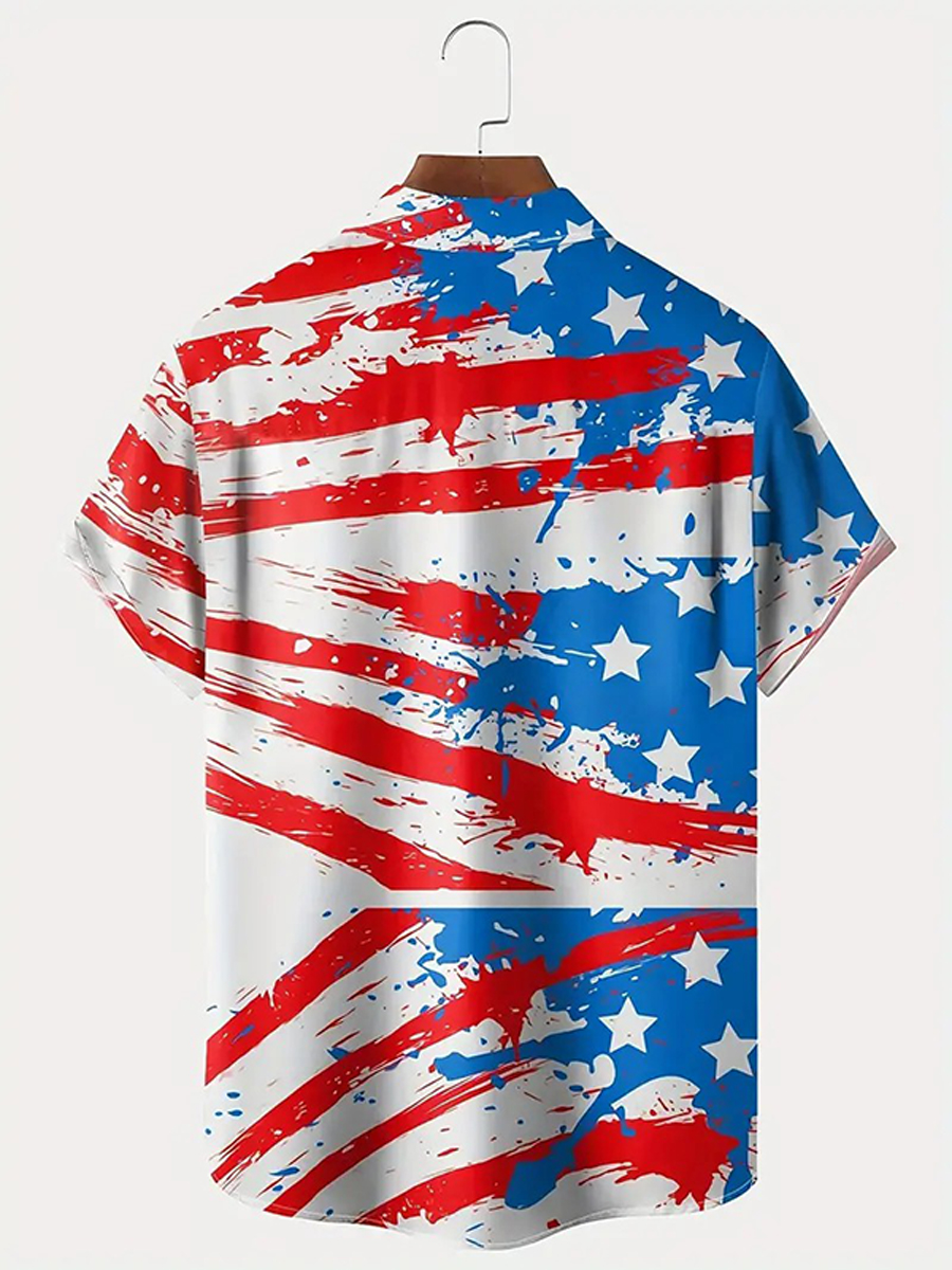 Memorial Day American Flag Dinosaur Print Chest Pocket Casual Shirt