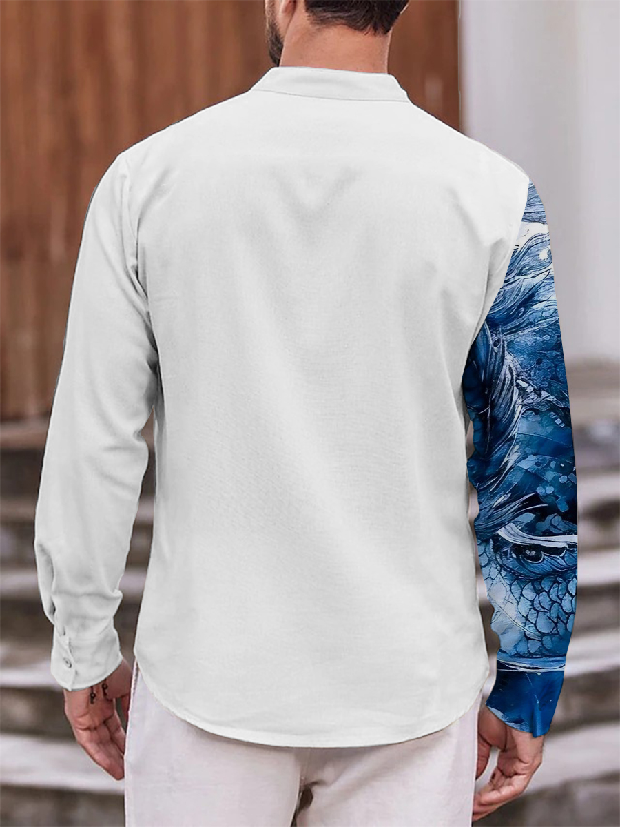 Vintage Ink Dragon Art Print Long Sleeve Hawaiian Shirt