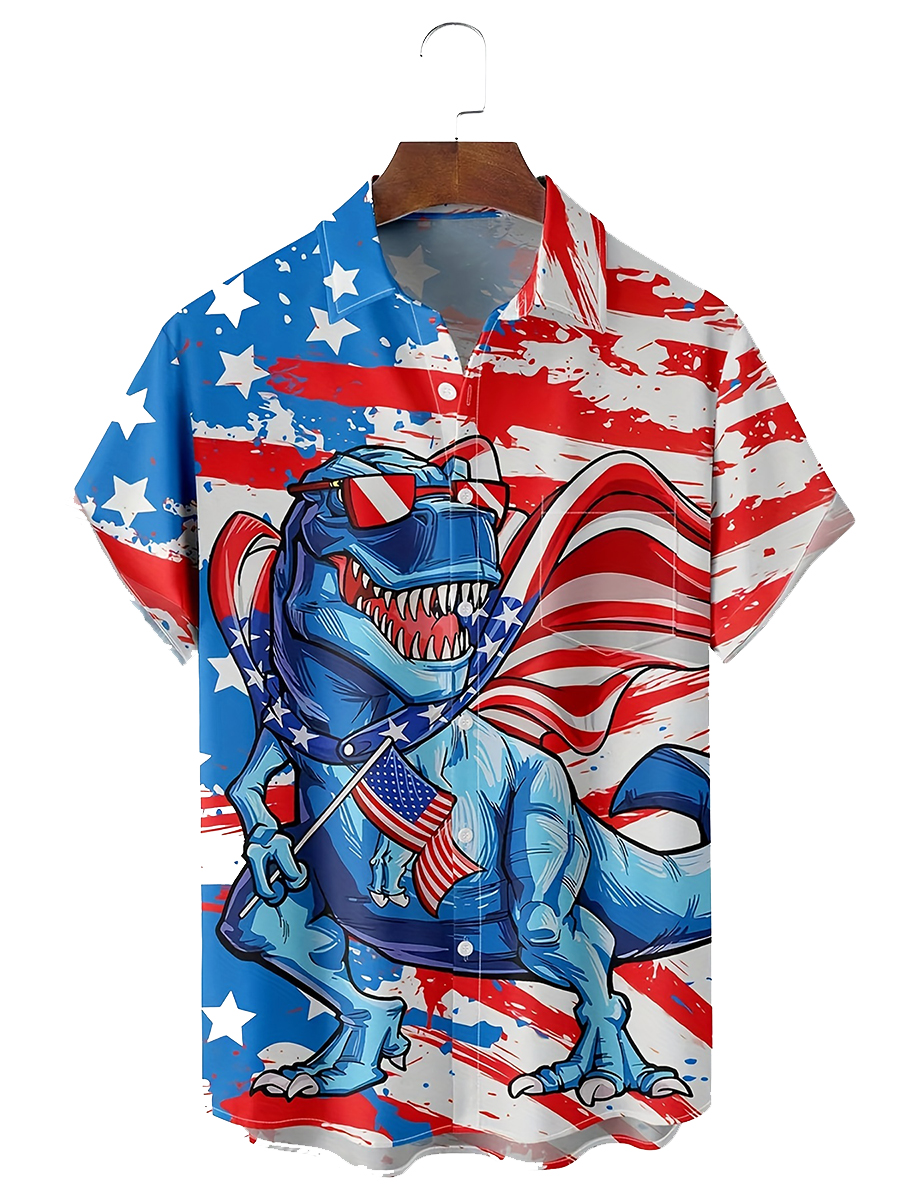 Memorial Day American Flag Dinosaur Print Chest Pocket Casual Shirt