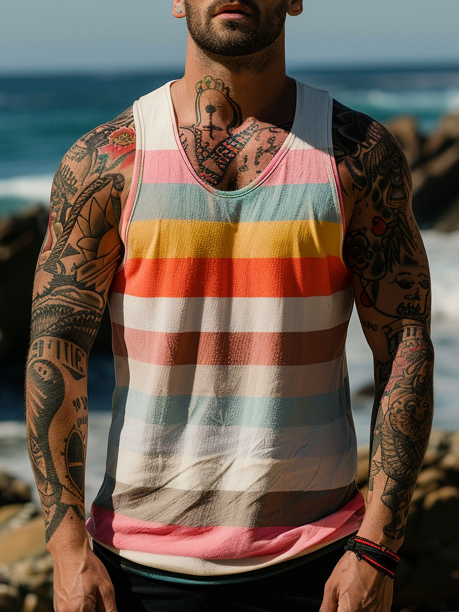 Men's Vacation Tank Top Multicolor Stripes Crew Neck T-shirt