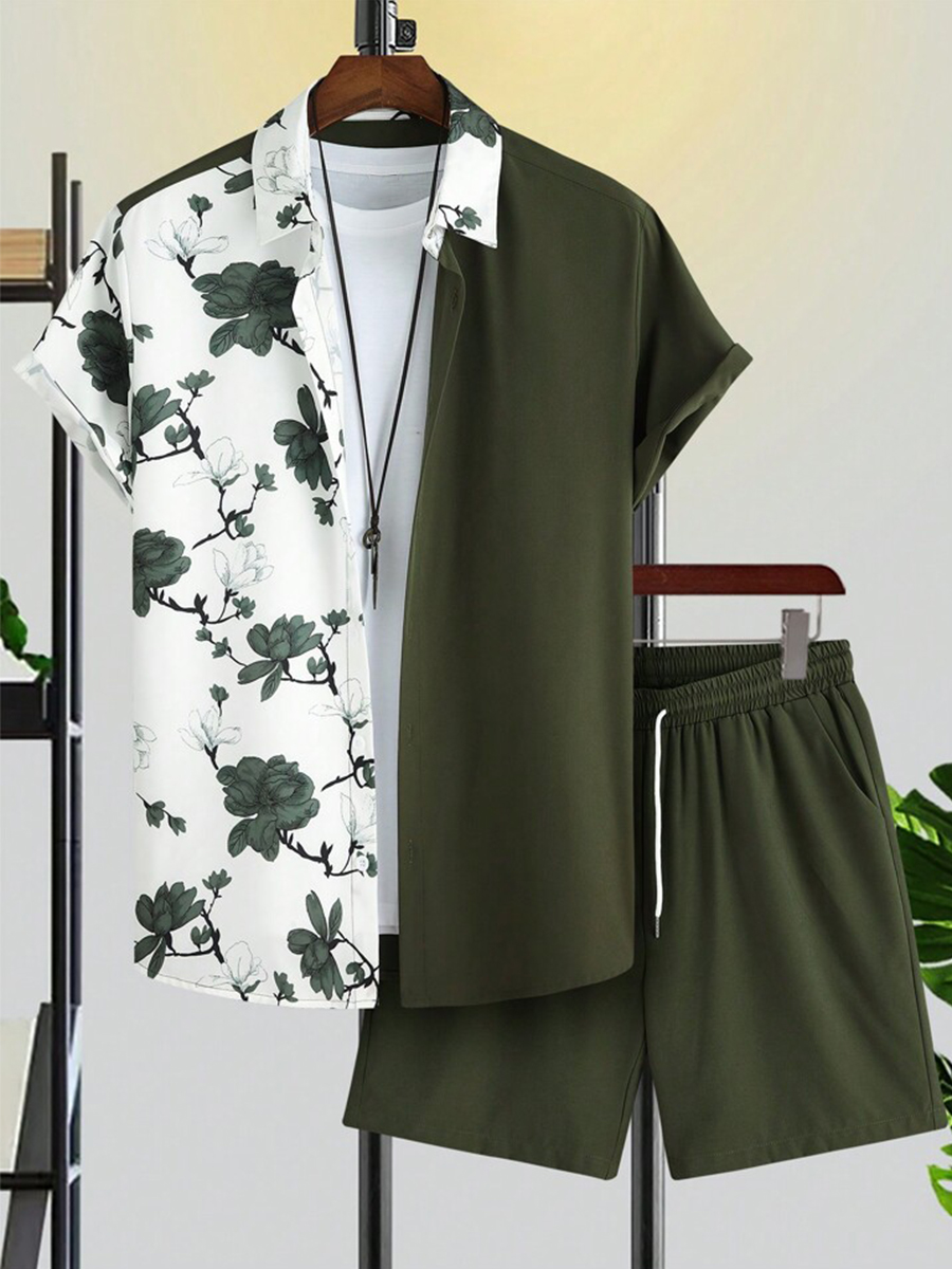 Men's Sets Hawaiian Floral Print Button Pocket Two-Piece Shirt Shorts Set