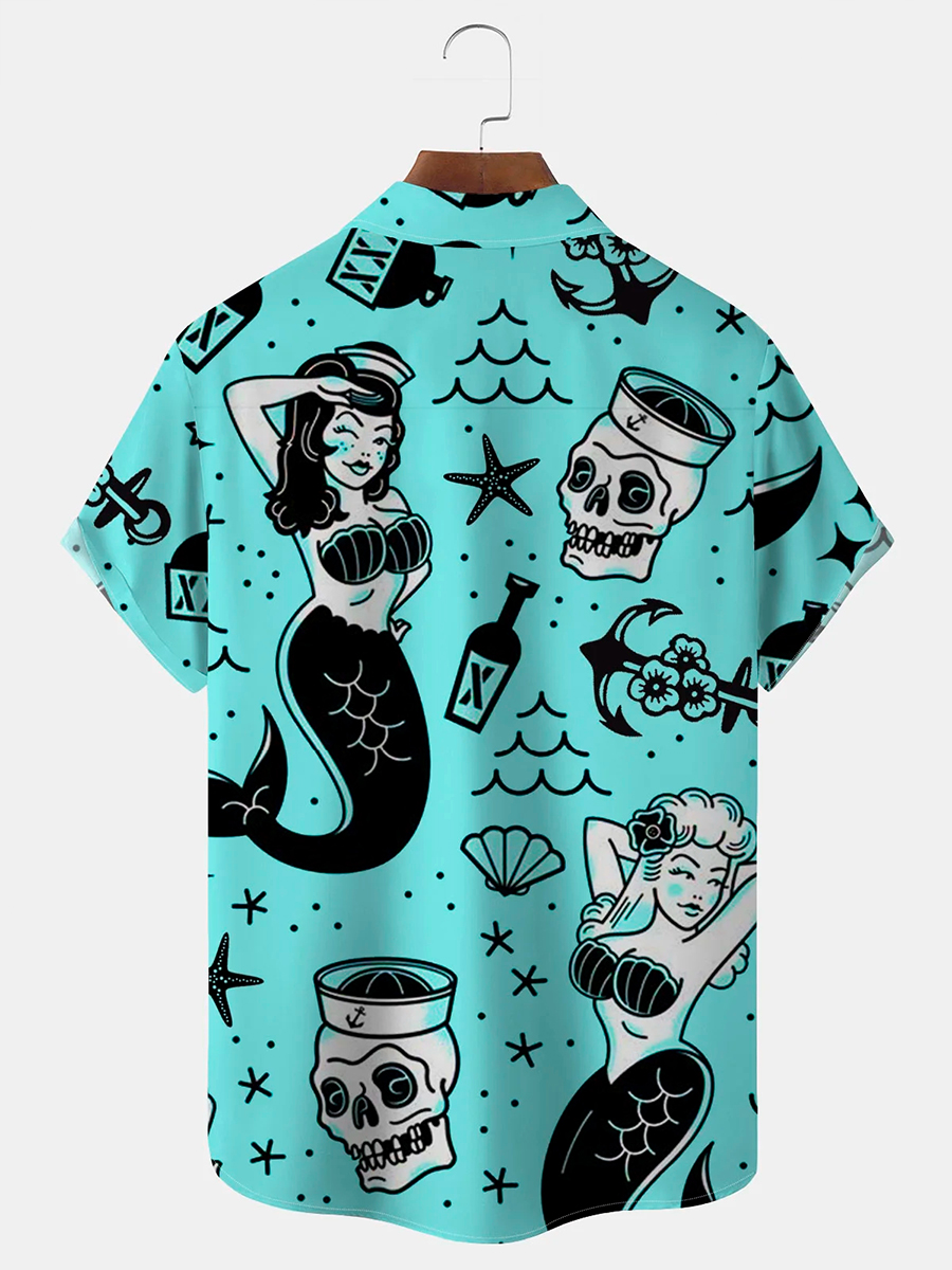 Vintage Holiday Mermaid Men's Hawaiian Shirt Stretch Wrinkle Free Seersucker Plus Size Camp Shirts