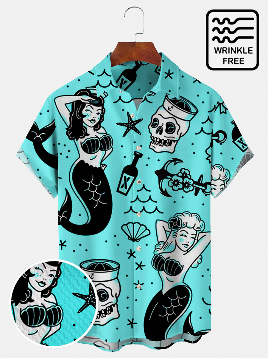 Vintage Holiday Mermaid Men's Hawaiian Shirt Stretch Wrinkle Free Seersucker Plus Size Camp Shirts