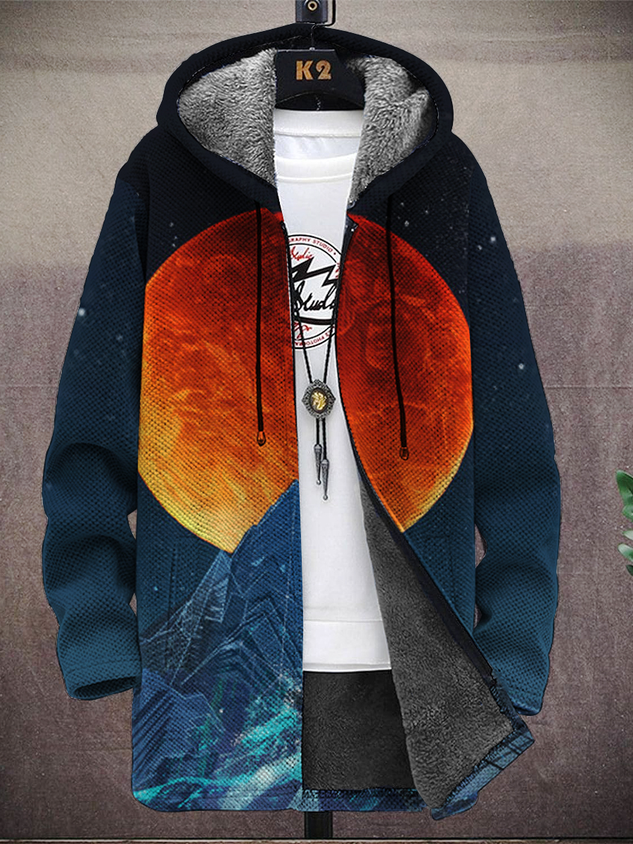 Men's Art Moon Print Hooded Two-Pocket Fleece Cardigan Jacket