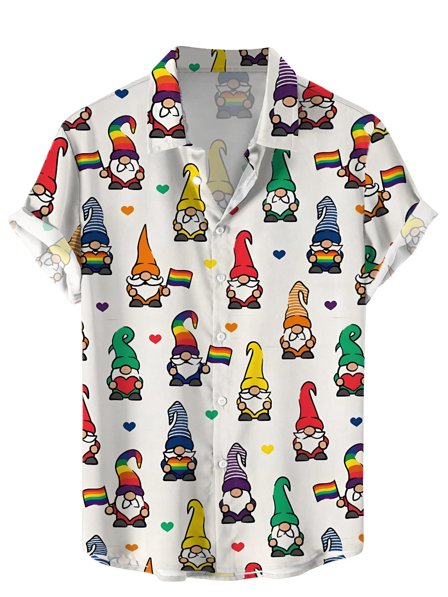 Hawaiian Pride Rainbow Gnome Pattern Short Sleeve Shirt