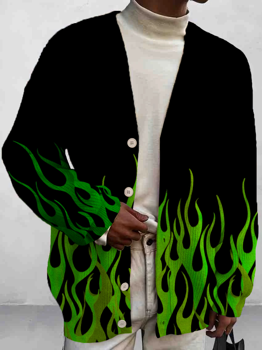 Men's Vintage Flame Print Buttoned Cardigan Sweater