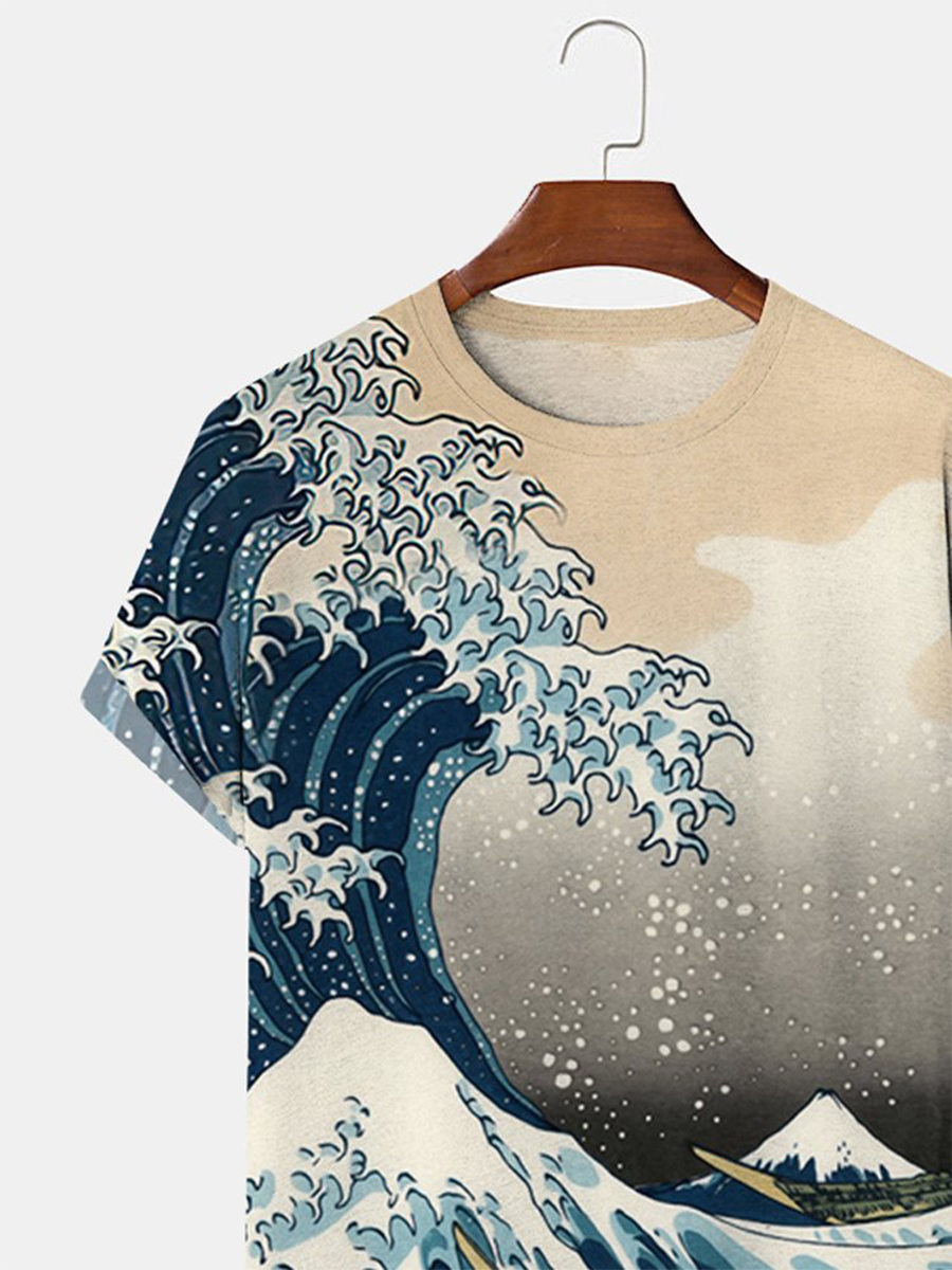 Japanese Style Retro Ukiyo-e Men's T-Shirt Wave Art Comfortable Tops