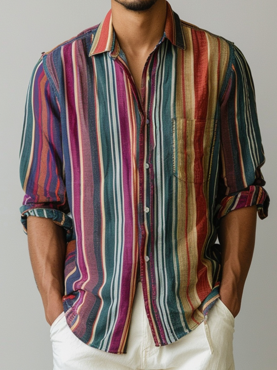 Men's Retro Colorful Stripes Long Sleeve Shirt