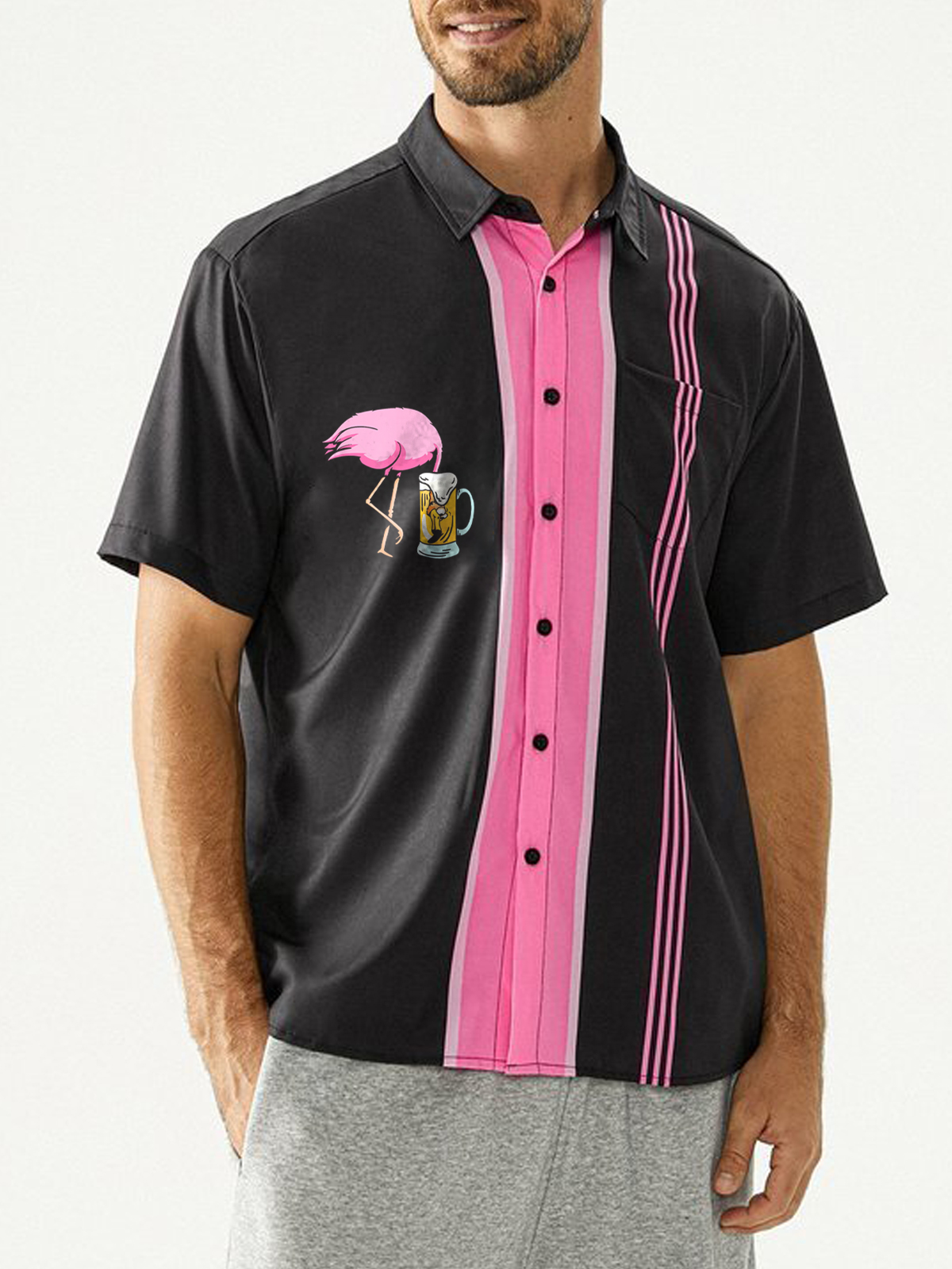 Flamingo Drinking Beer Chest Pocket Short Sleeve Bowling Shirt