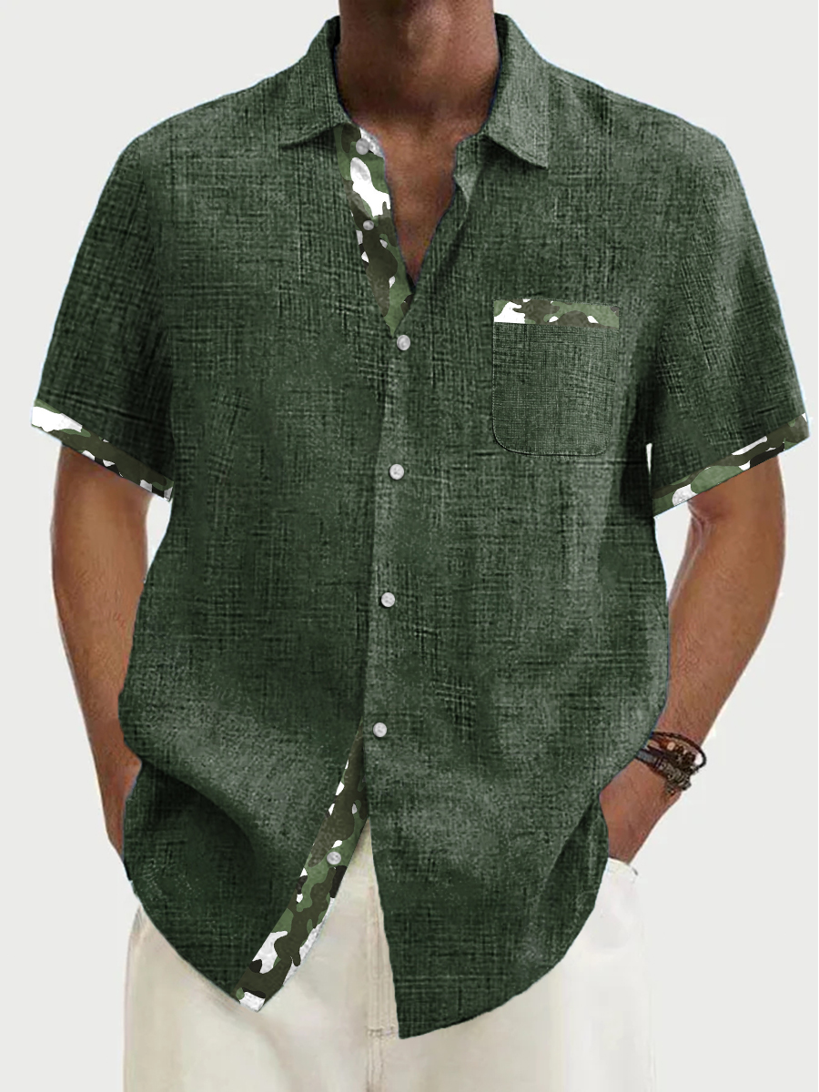Men's Cotton-Linen Shirts Summer Camouflage Patchwork Lightweight Hawaiian Shirts
