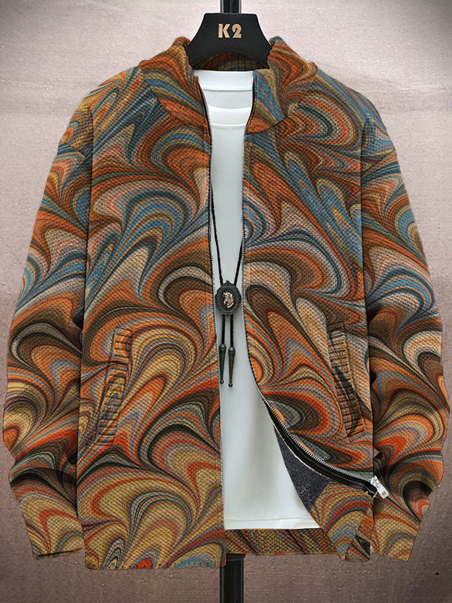 Men's Jacket Vintage Abstract Art Print Long-Sleeved Zip Cardigan Jacket