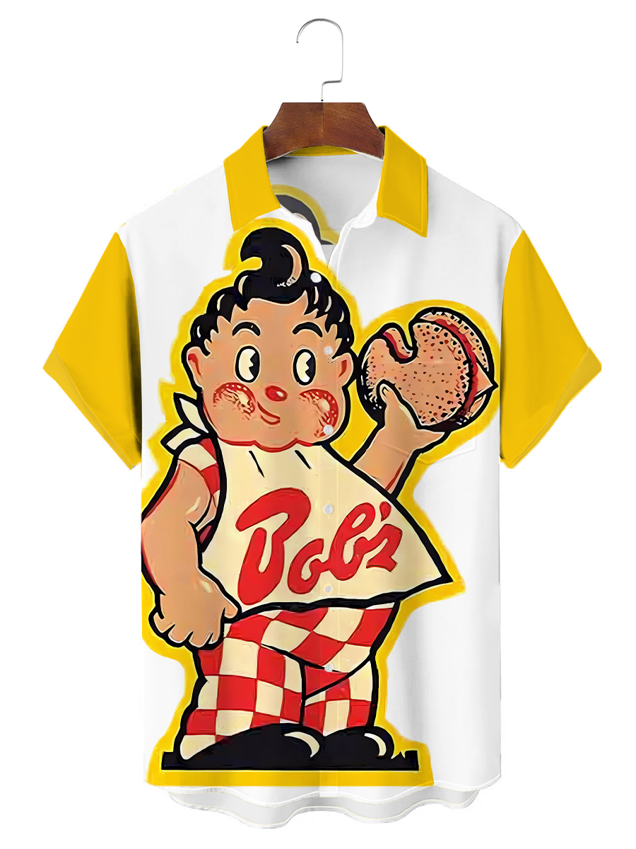 50's Retro Beer Movie Men's Hawaiian Shirts Fun Cartoon Bear Stretch Aloha Camp Pocket Shirts