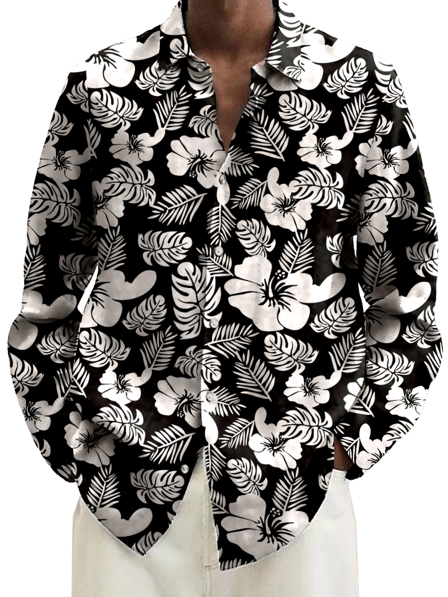 Retro Hibiscus Print Long Sleeve Hawaiian Shirt