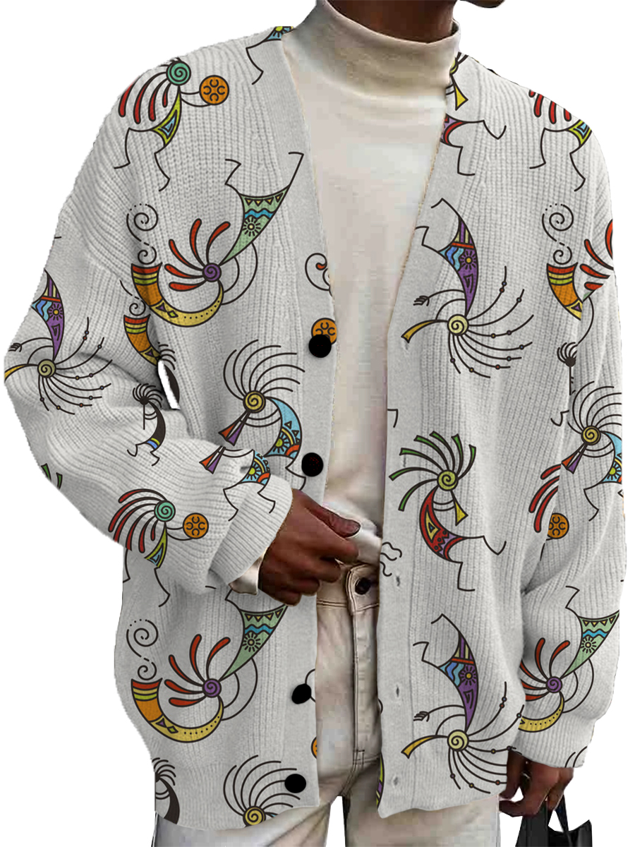 Men's Retro Kokopelli Pattern Hand Style Buttoned Cardigan