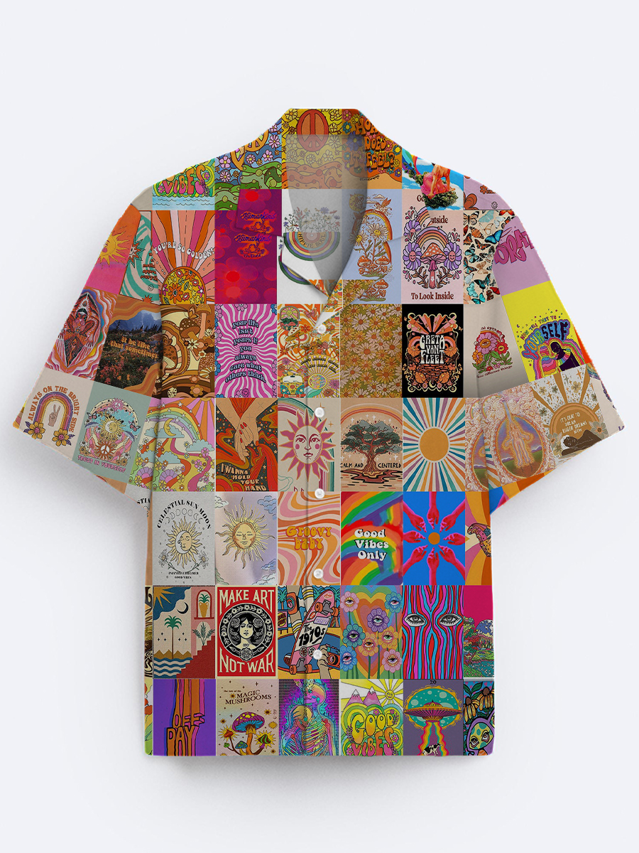 Men's Hawaiian Shirt Vintage Hippie Art Print Beach Easy Care Short Sleeve Shirt