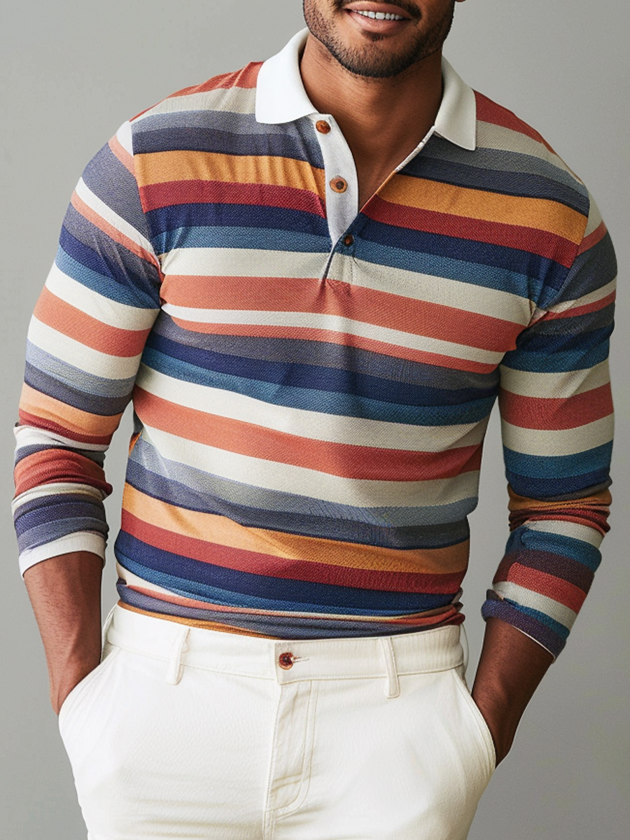 Men's Fall Multicolor Stripes Long Sleeve Polo Shirt