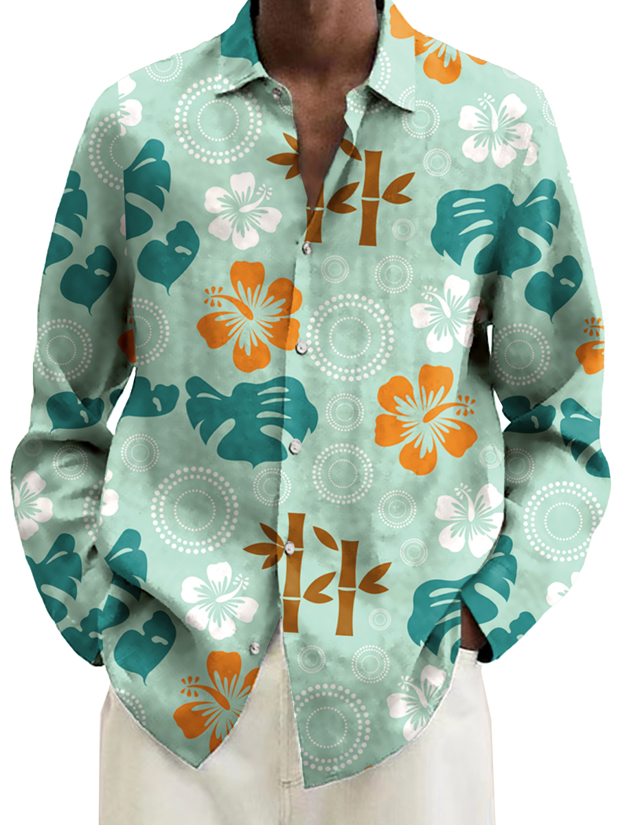 Men's Hawaiian Hibiscus Print Casual Loose Long Sleeved Aloha Shirt