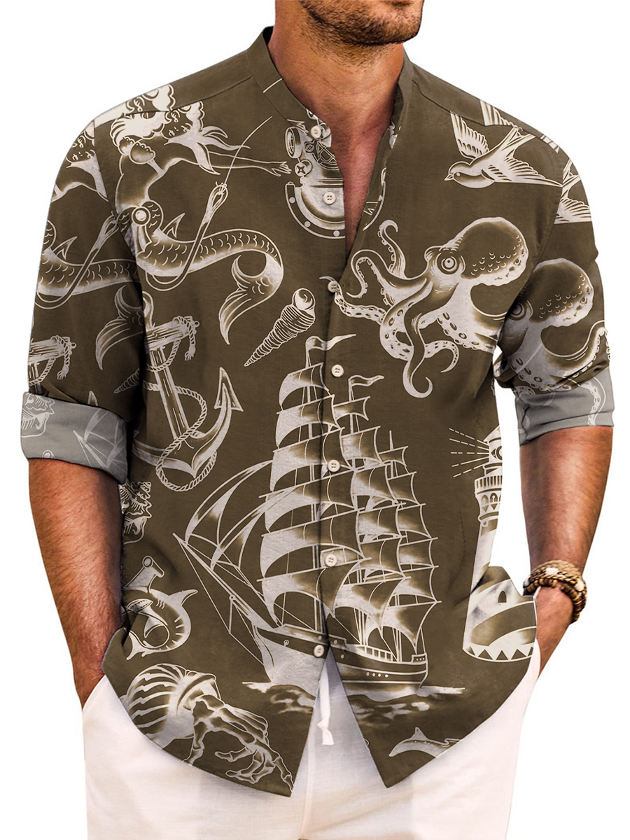 Vintage Hawaiian Shirts Nautical Mermaid Boat Easy Care Aloha Long Sleeve Shirts