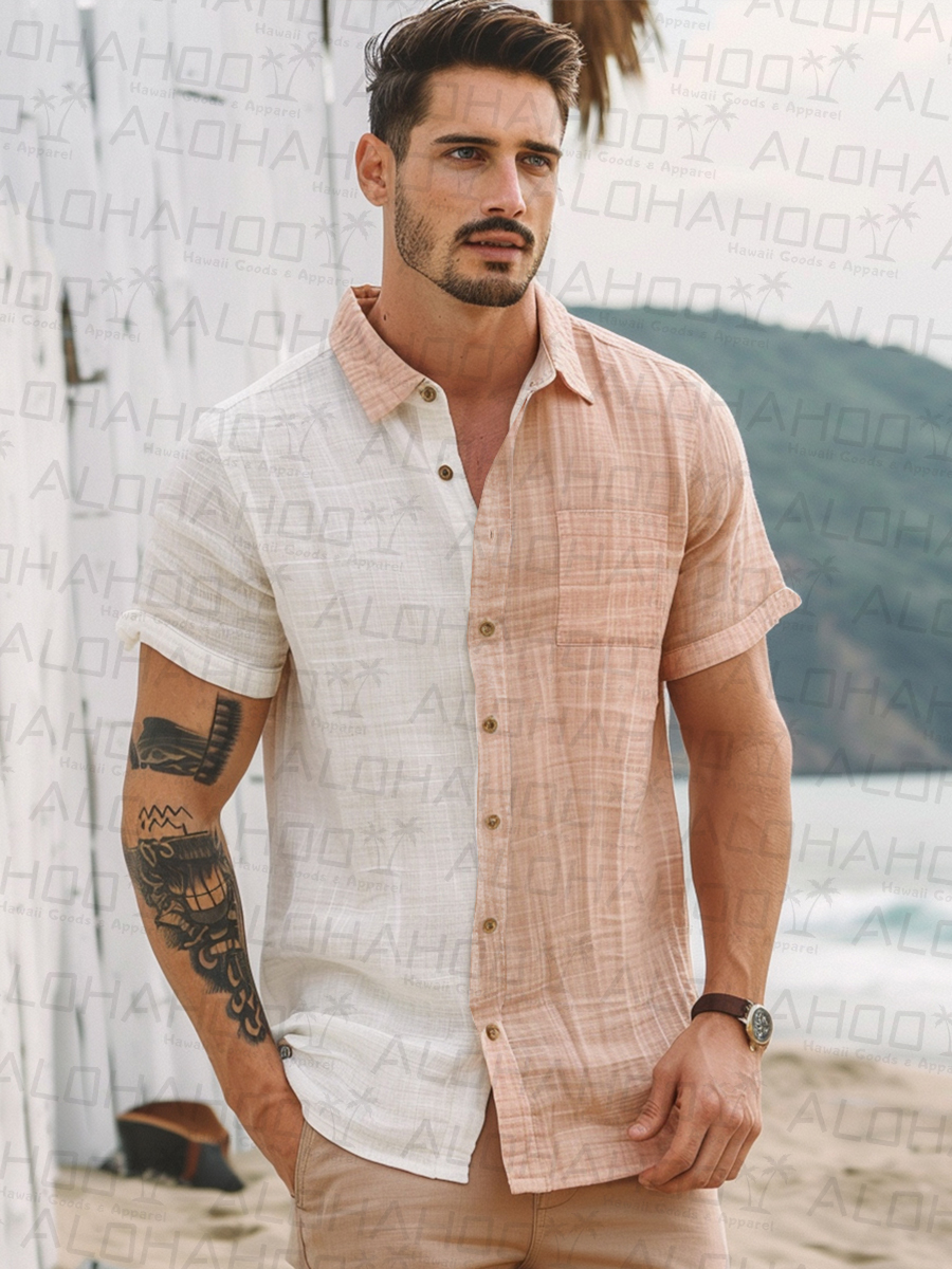 Men's Cotton-Linen Shirt Colorblock Breathable Plus Size Shirts