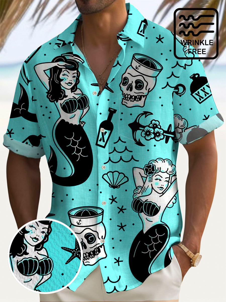 Vintage Holiday Mermaid Men's Hawaiian Shirt Stretch Wrinkle Free Seersucker Plus Size Camp Shirts