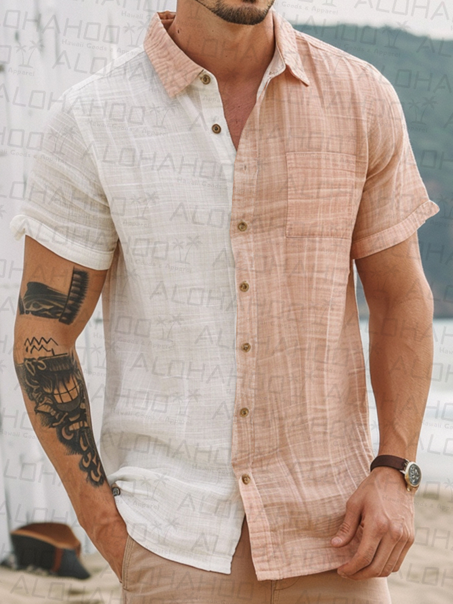 Men's Cotton-Linen Shirt Colorblock Breathable Plus Size Shirts