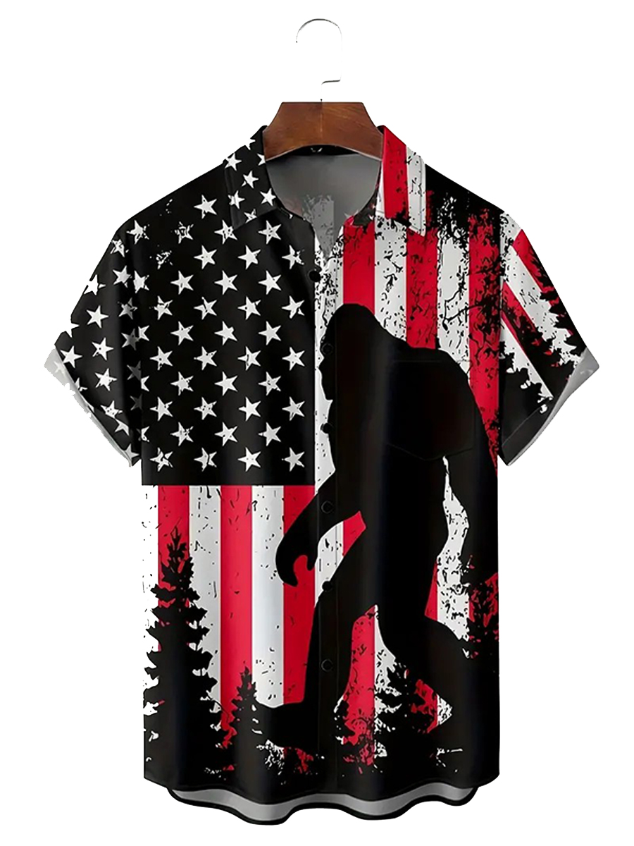 Memorial Day American Flag Bigfoot Print Chest Pocket Casual Shirt