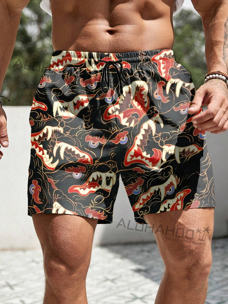Holiday Psychedelic Trippy Ego Death Maws Wolves Print Beach Shorts