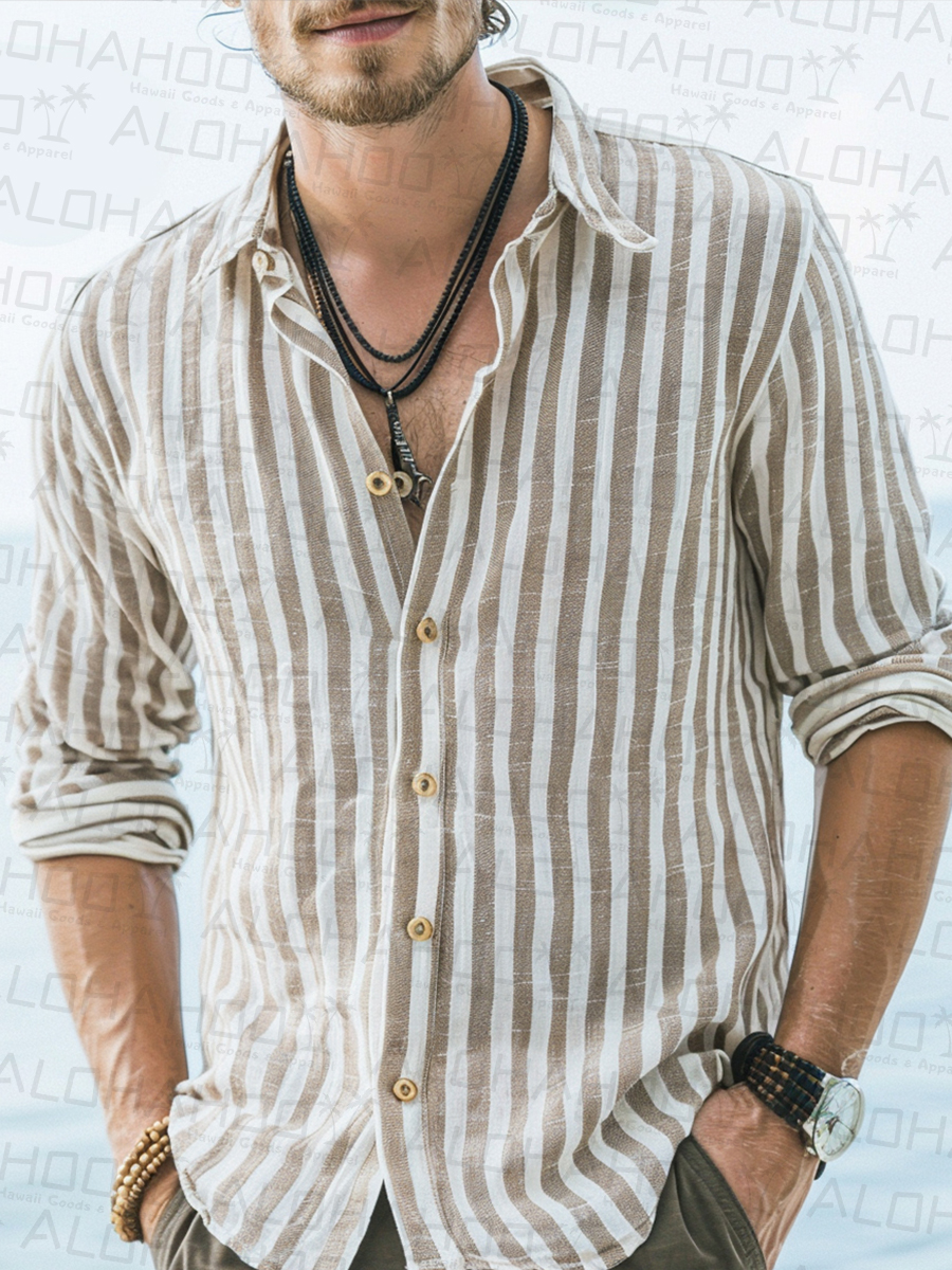 Men's Cotton-Linen Shirt Retro Stripes Breathable Plus Size Shirts
