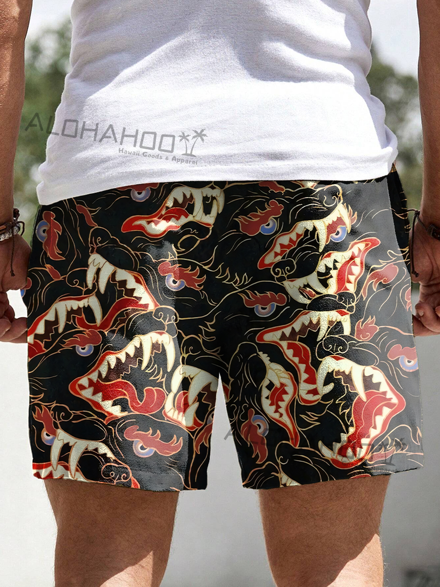 Holiday Psychedelic Trippy Ego Death Maws Wolves Print Beach Shorts