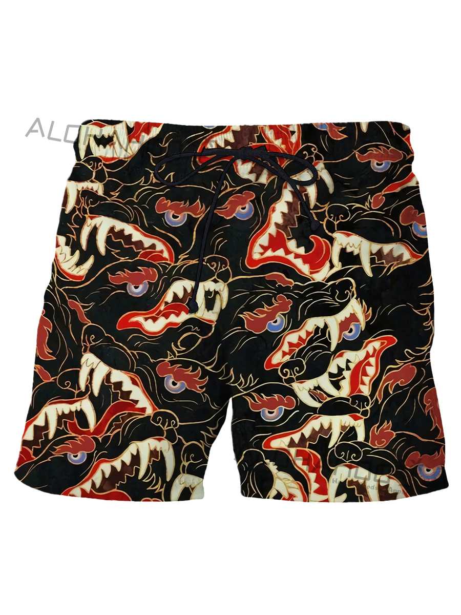 Holiday Psychedelic Trippy Ego Death Maws Wolves Print Beach Shorts