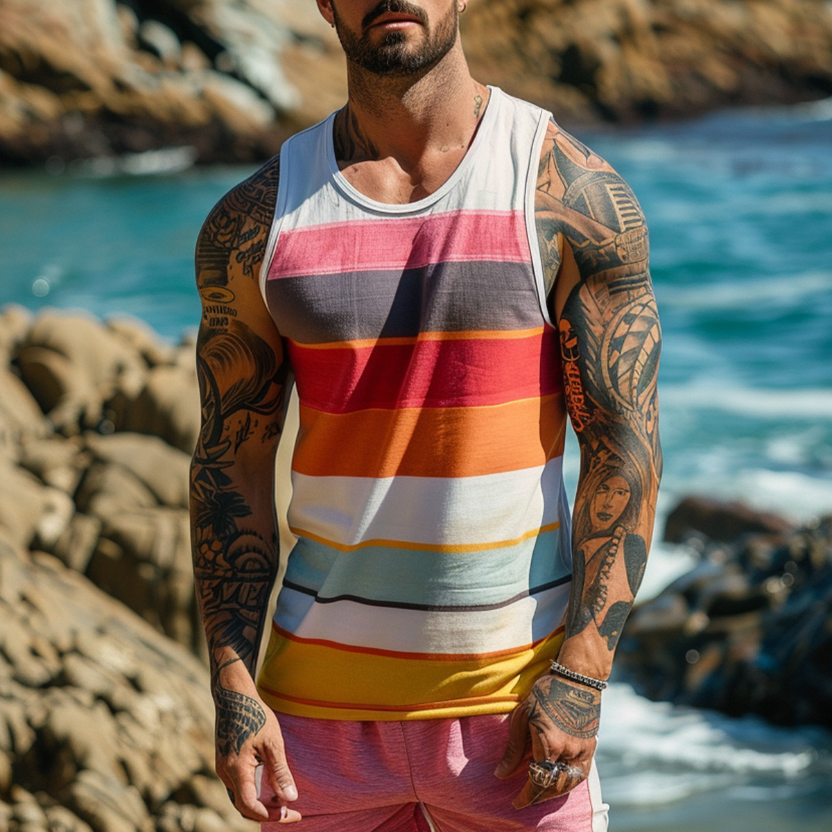 Men's Vacation Tank Top Multicolor Stripes Crew Neck Gym T-shirt