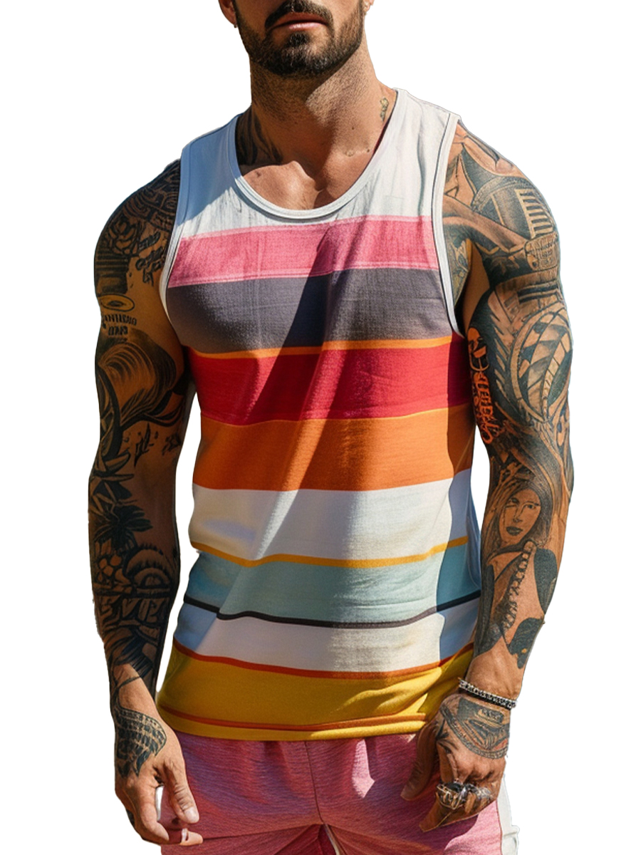 Men's Vacation Tank Top Multicolor Stripes Crew Neck Gym T-shirt